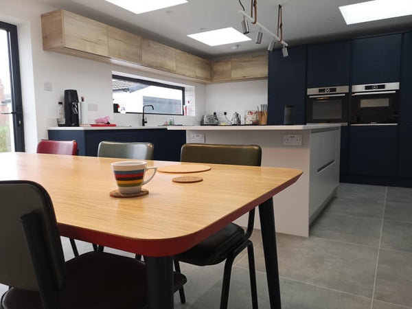 WW Table - Oak, Red & Blue - Hayche Clerkenwell